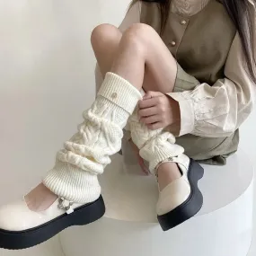 Sohiwoo Korea Wool Knitted Leg Warmers Metal Label Women Calf Socks Vintage Winter Y2K Japanese Harajuku Pile Long Socks Leg Covers