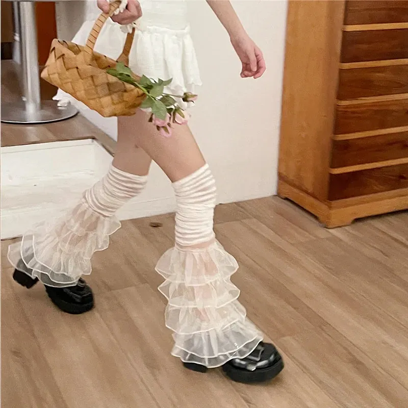 Sohiwoo Women Over The Knee Leg Socks Lace Ruffles Leg Cover Y2K Women Japanese Punk Harajuku Leg Warmers JK Party Accessories