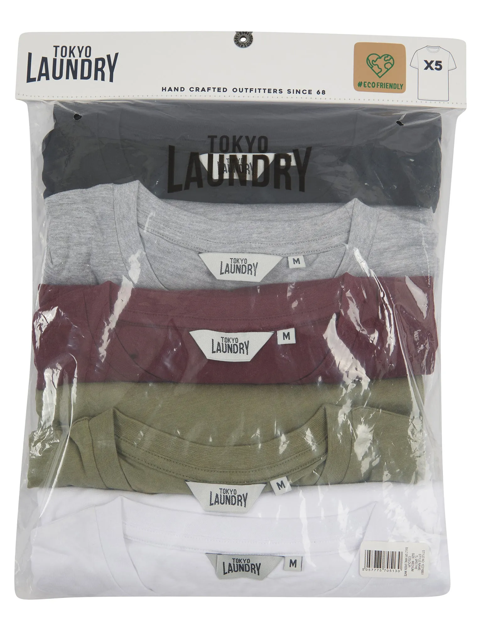 Spectre (5 Pack) Crew Neck Cotton T-Shirts in Black / Light Grey Marl / Winetasting / Lichen Green / Bright White - Tokyo Laundry