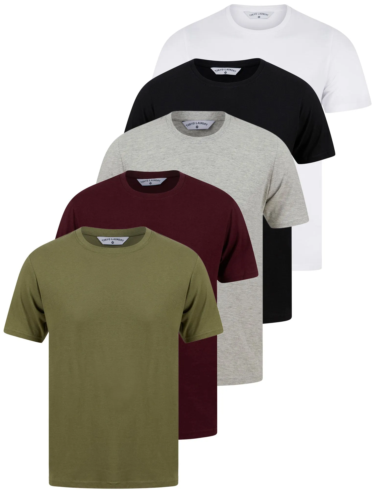 Spectre (5 Pack) Crew Neck Cotton T-Shirts in Black / Light Grey Marl / Winetasting / Lichen Green / Bright White - Tokyo Laundry