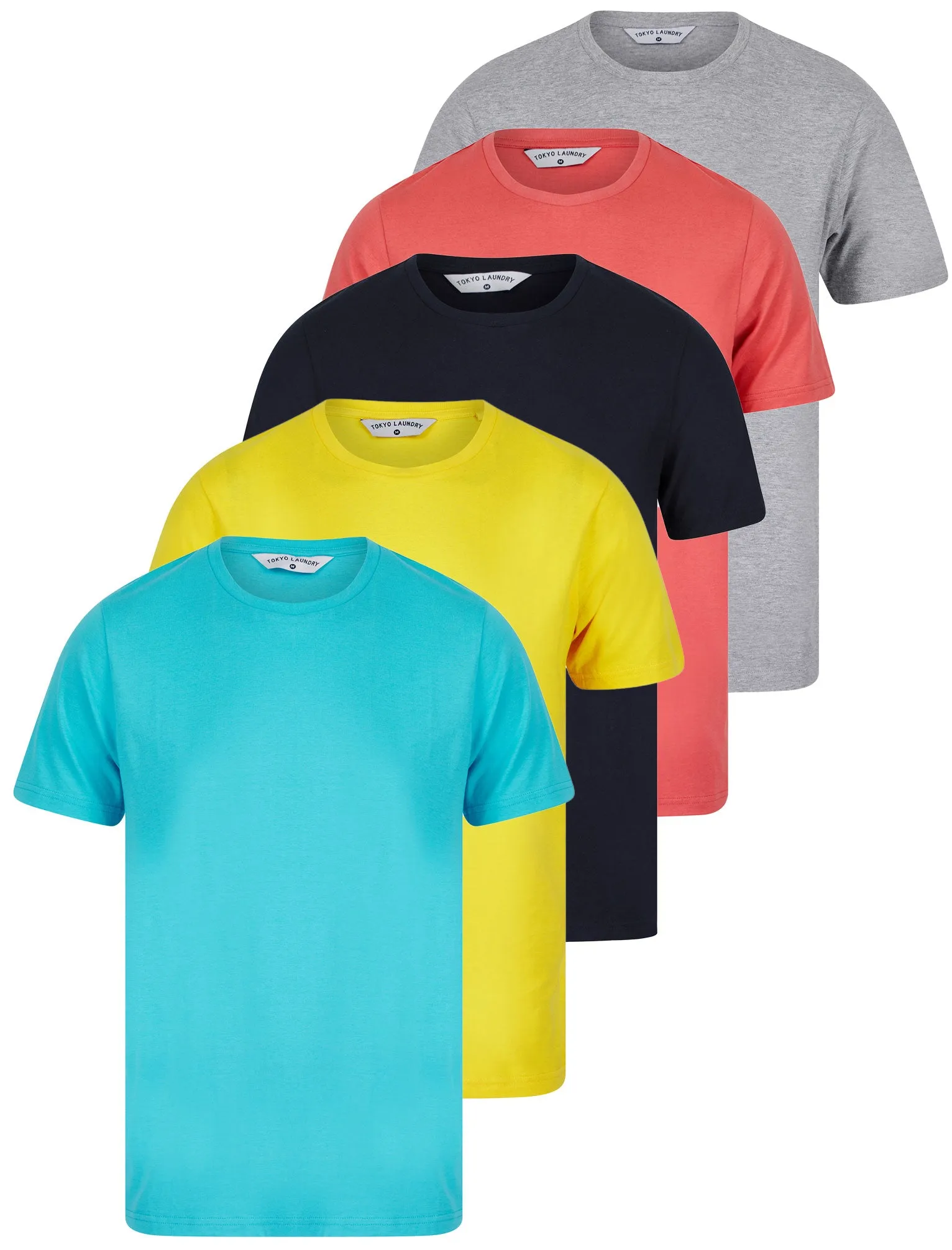 Spectre (5 Pack) Crew Neck Cotton T-Shirts in Light Grey Marl / Sky Captain Navy / Mimosa Yellow / Blue Atoll / Faded Peach - Tokyo Laundry