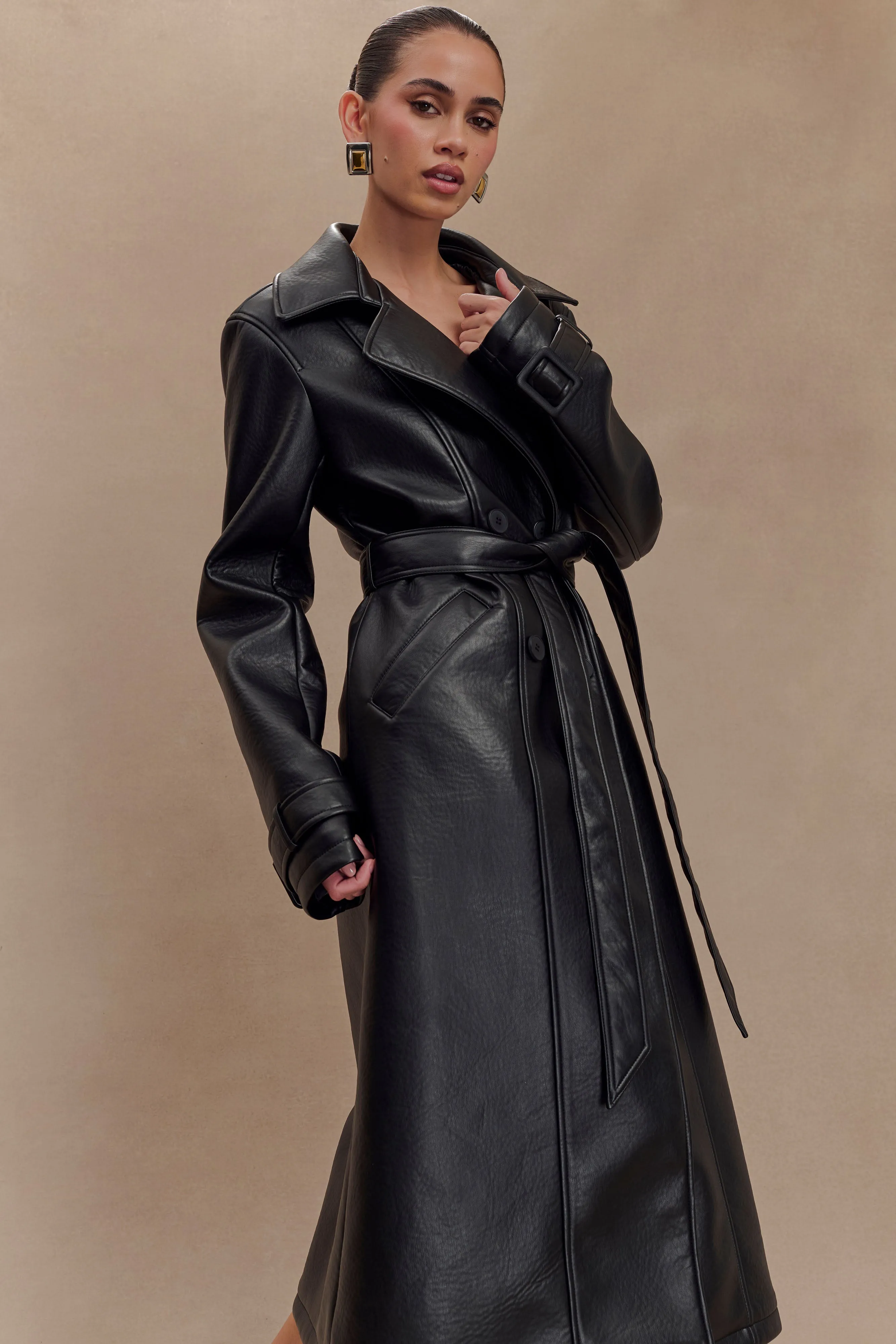 Tarah Faux Leather Trench Coat - Black