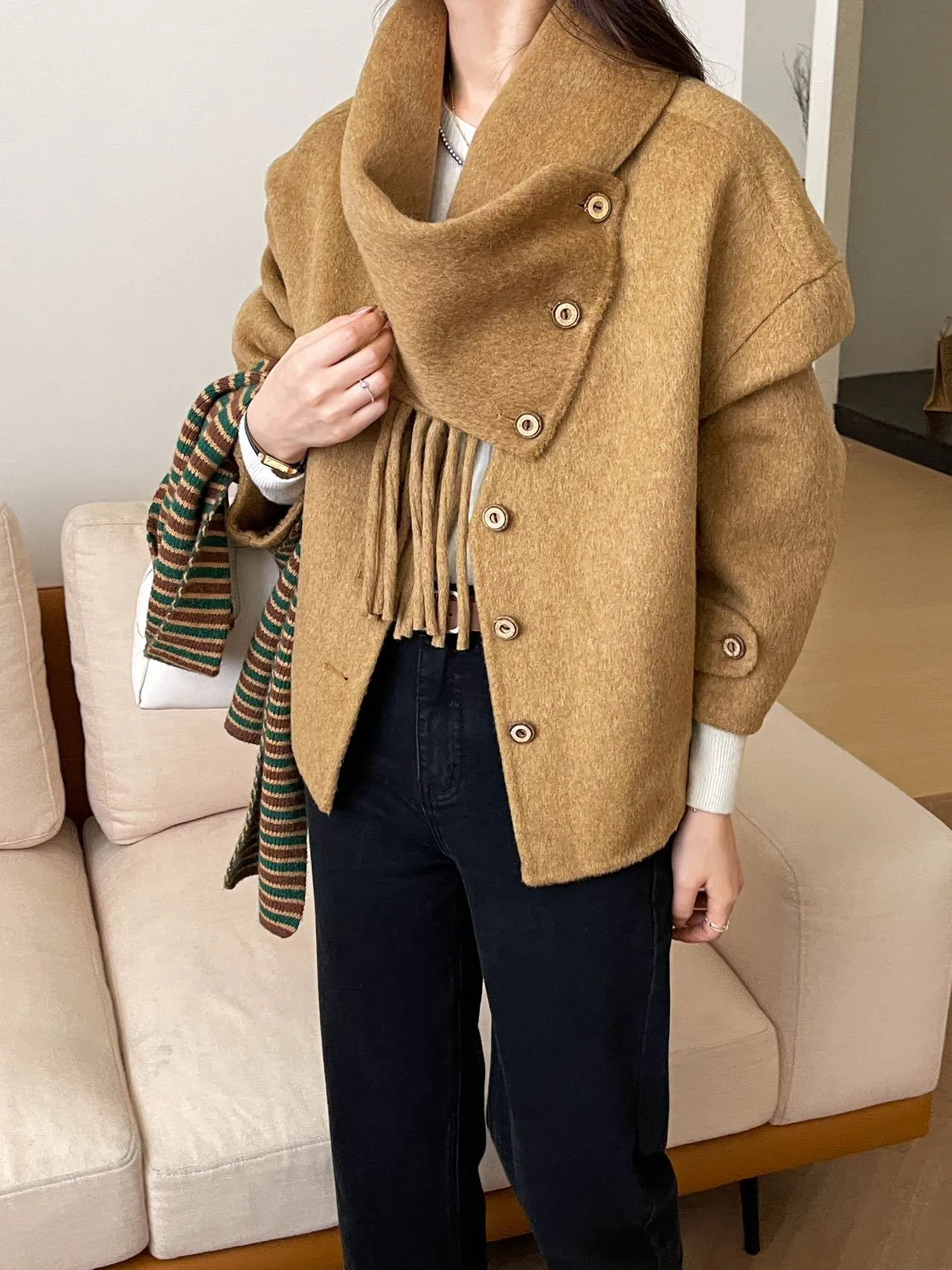 Territory frat outfits Solid Color Scarf Single Row Multi-Buckle Drop Shoulder Sleeve Double-Sided Cashmere Coat High-Grade Woolen Coat for Women Autumn and Winter New