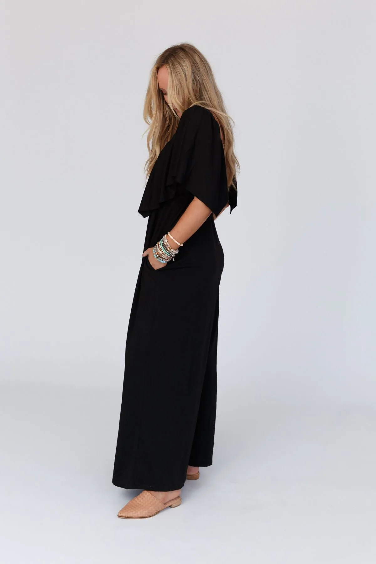 The Nest On Repeat Open Back Ruffle Jumpsuit - Black