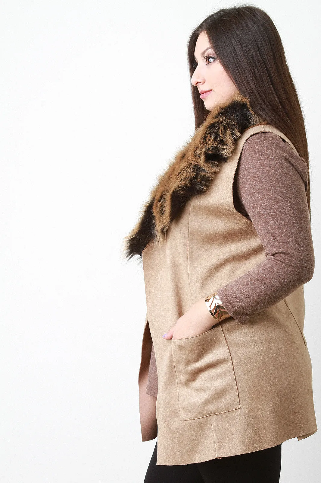 Vegan Suede Fur Collar Vest