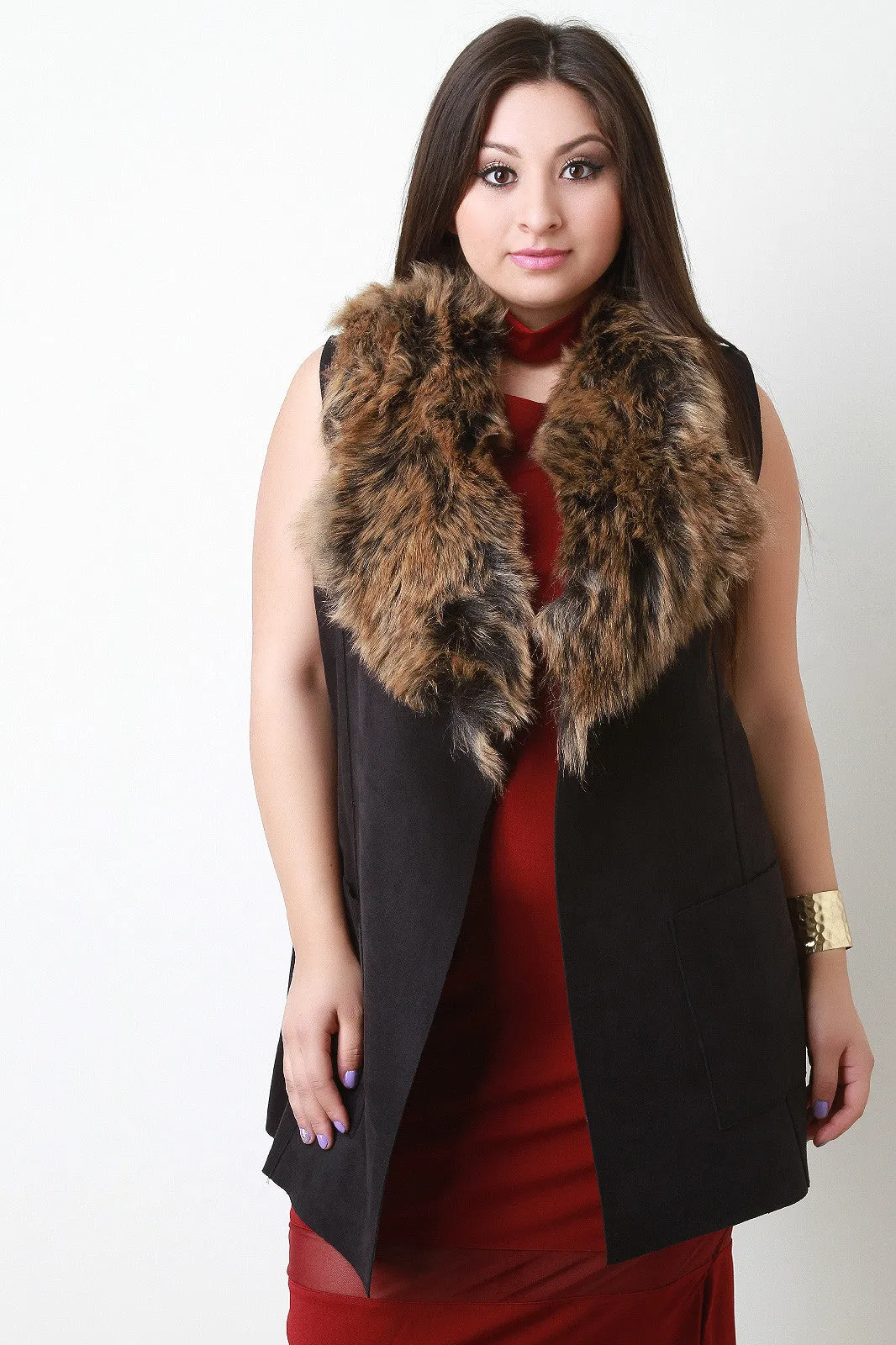 Vegan Suede Fur Collar Vest