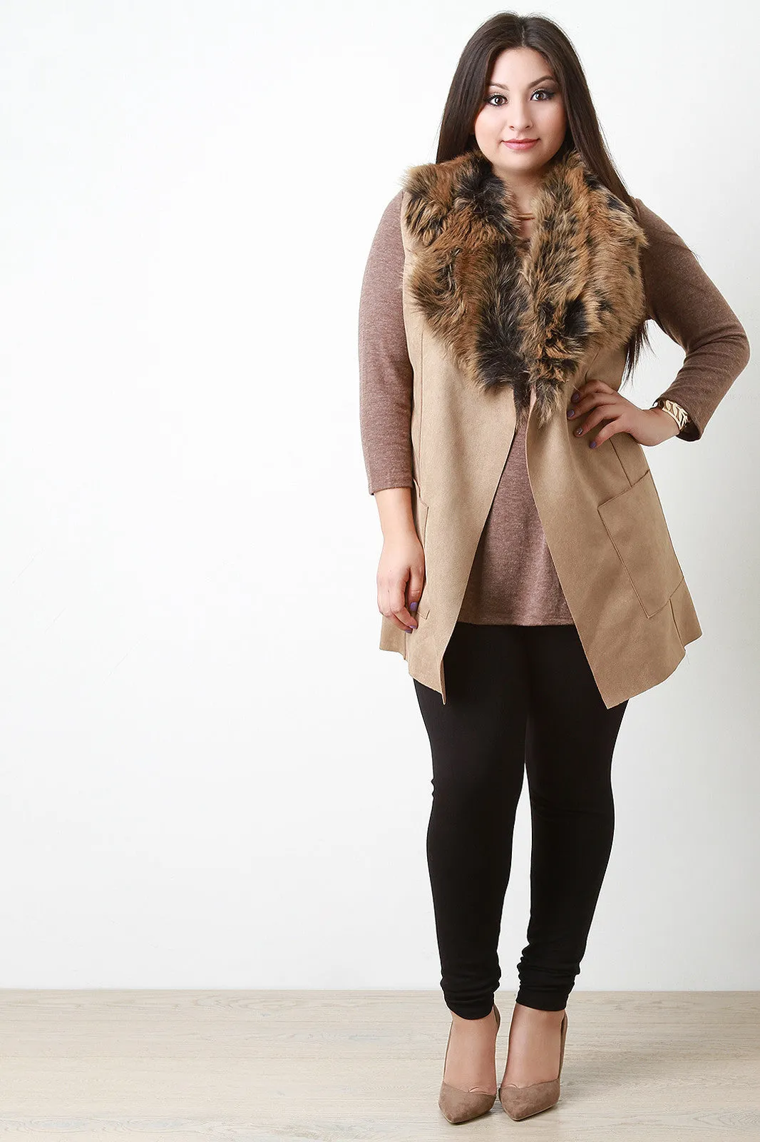 Vegan Suede Fur Collar Vest