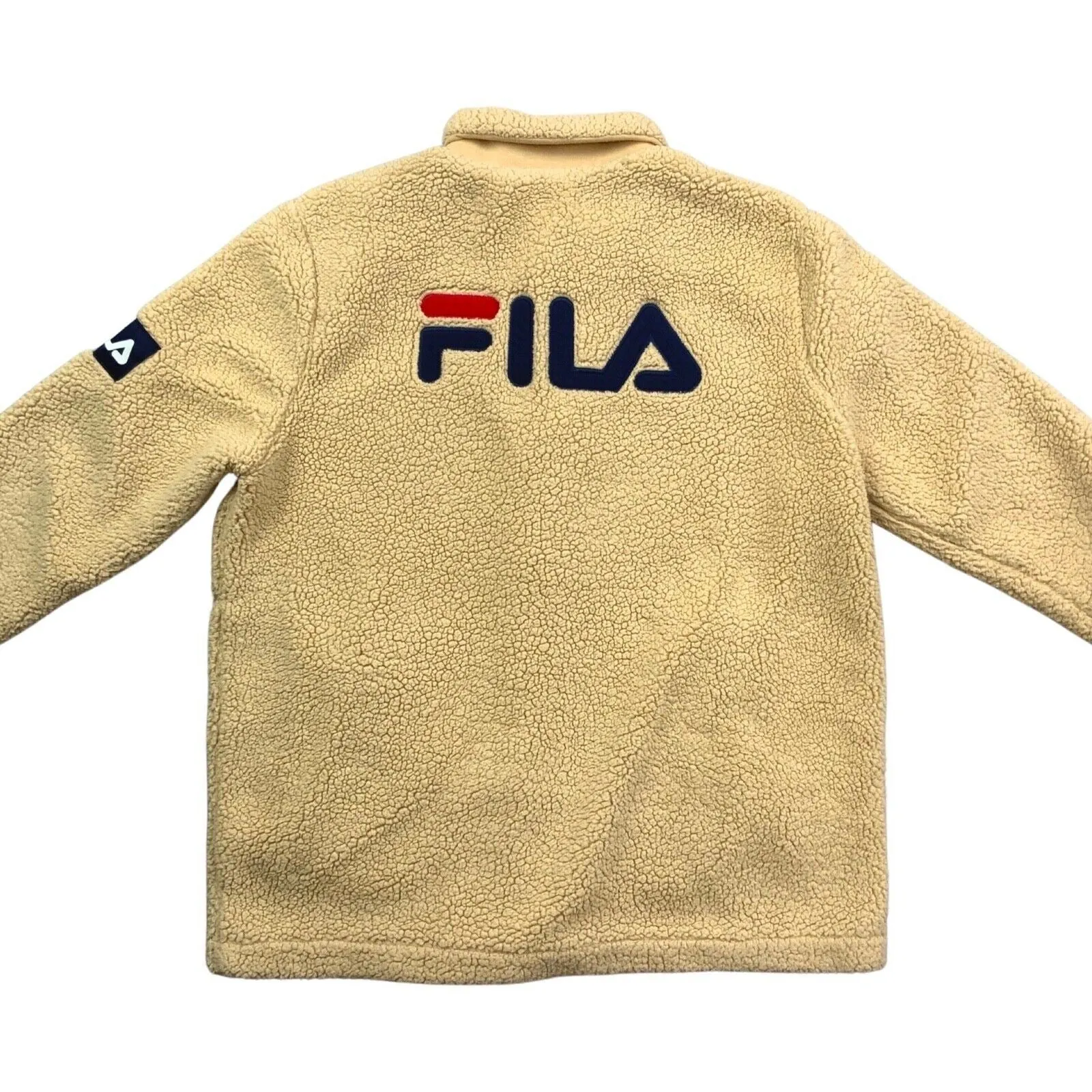 Vintage 00s Cream Fila Button Down Spellout Logo Fleece Jacket M