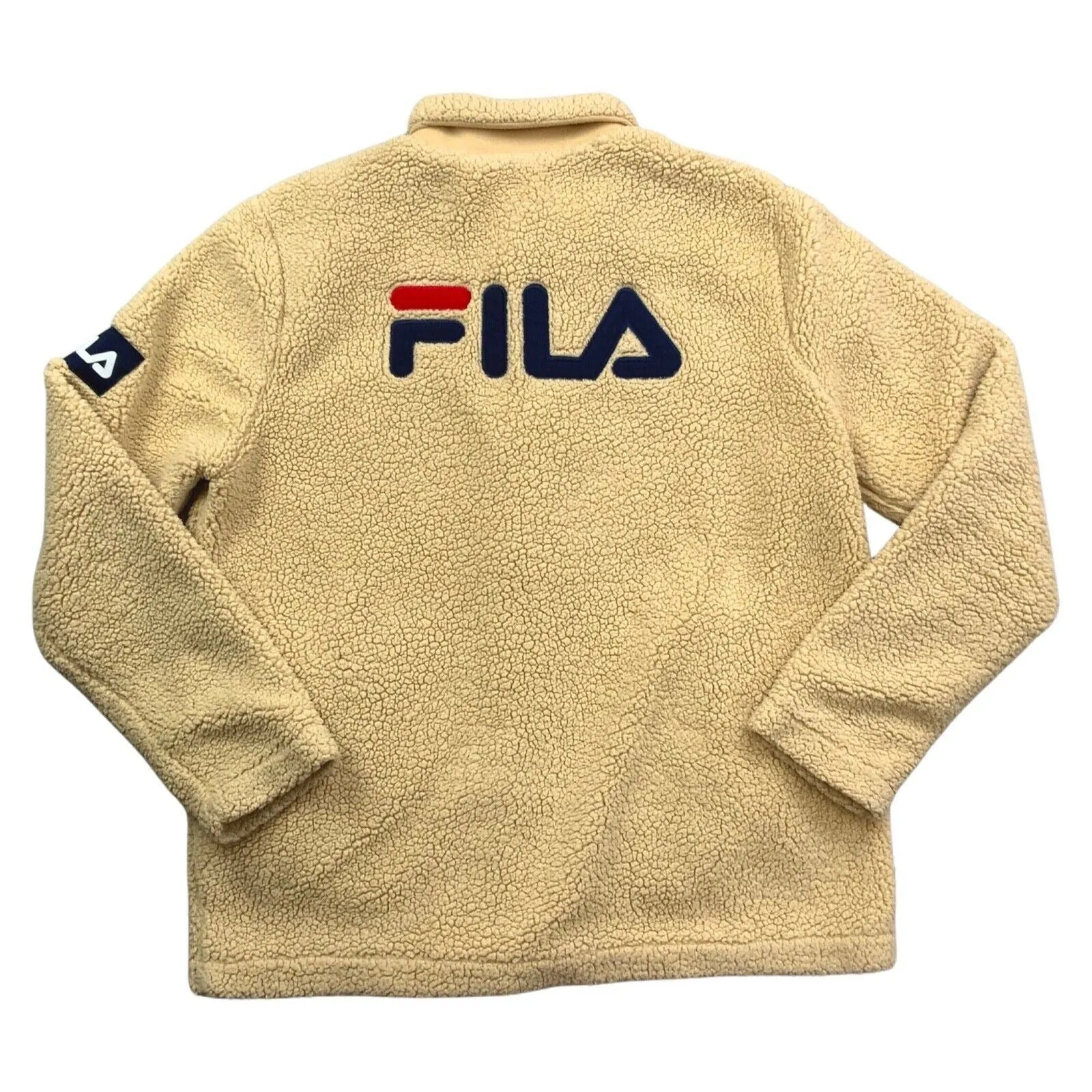 Vintage 00s Cream Fila Button Down Spellout Logo Fleece Jacket M