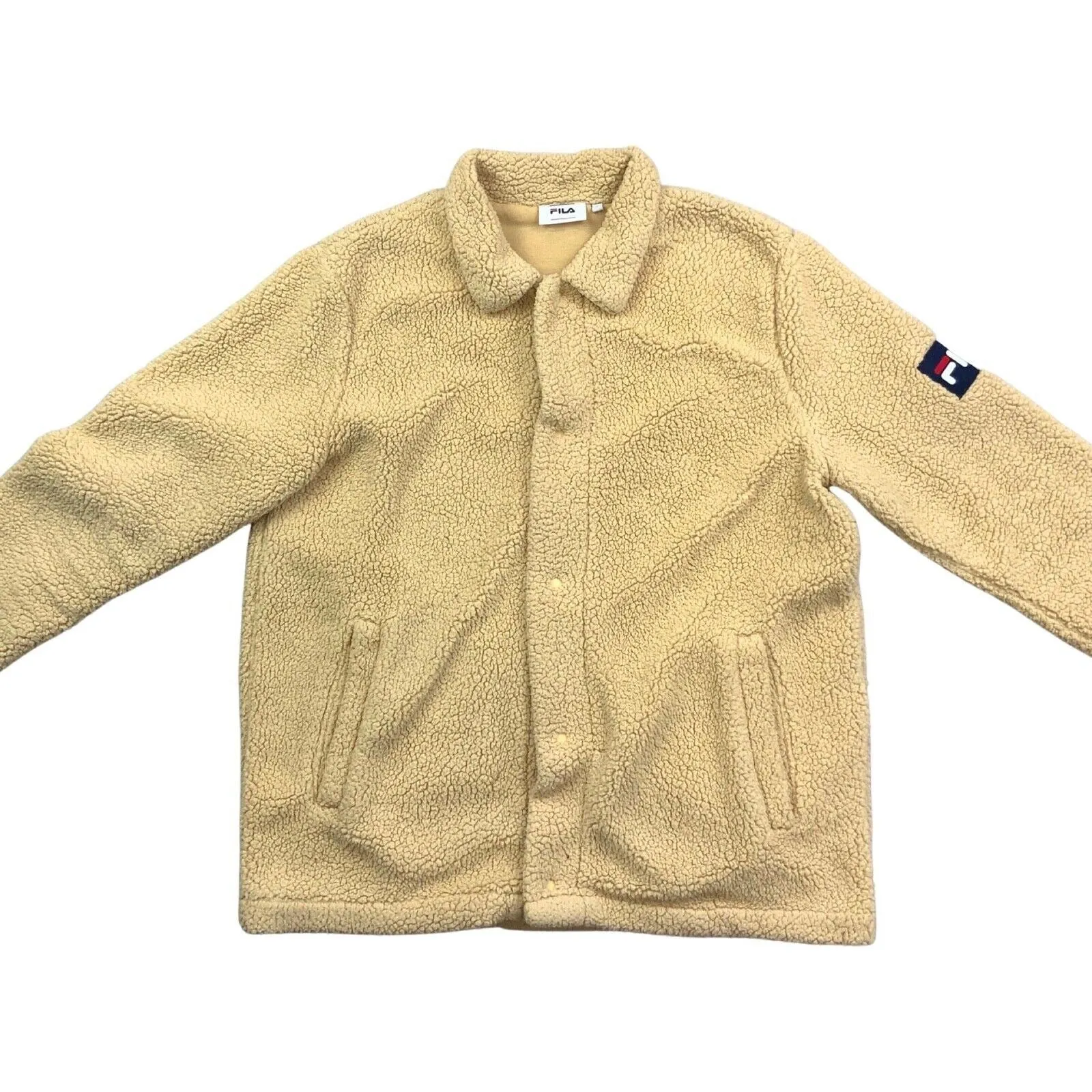 Vintage 00s Cream Fila Button Down Spellout Logo Fleece Jacket M