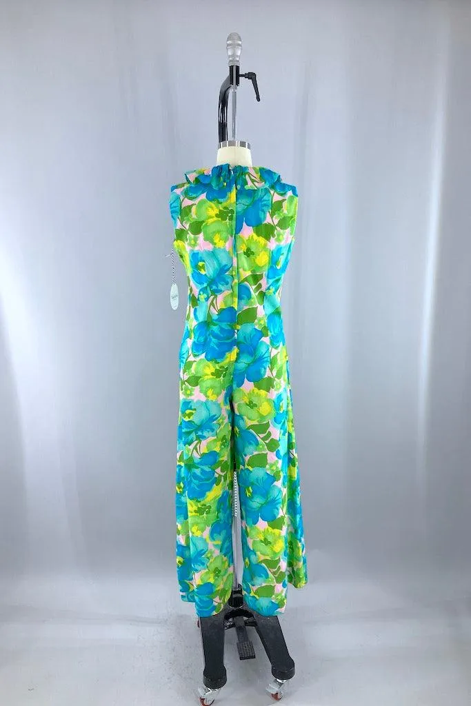 Vintage Preppy 1960s Blue Floral Jumpsuit