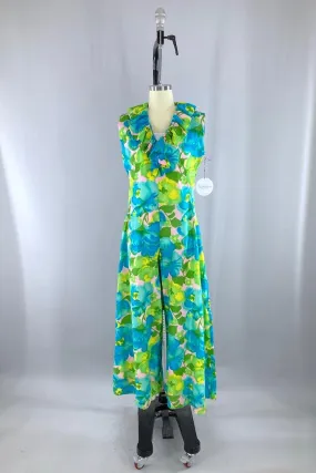 Vintage Preppy 1960s Blue Floral Jumpsuit