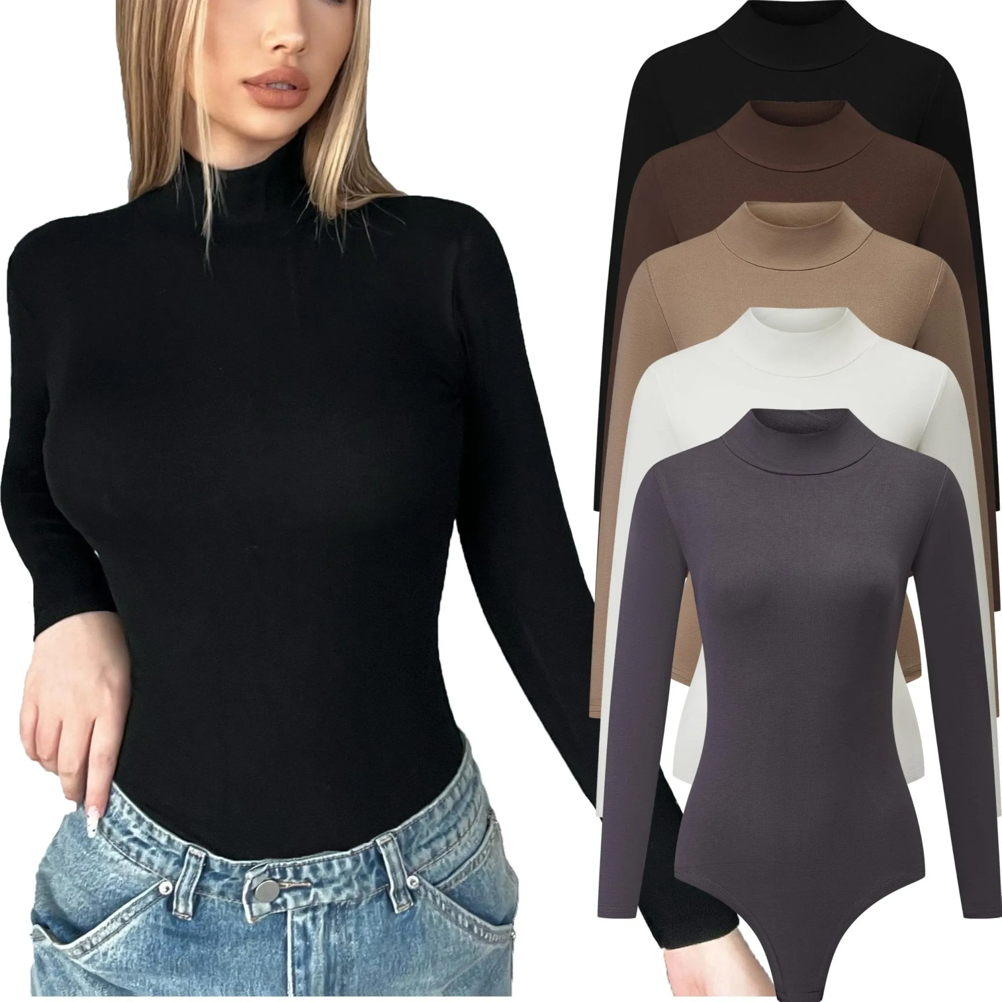 Vomidia 5 Piece Body Suits for Womens Long Sleeve Mock Turtle Neck Casual Stretchy Basic T Shirt Bodysuit Tops