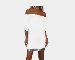 White Off the Shoulder Dress with silver lining- The Ibiza