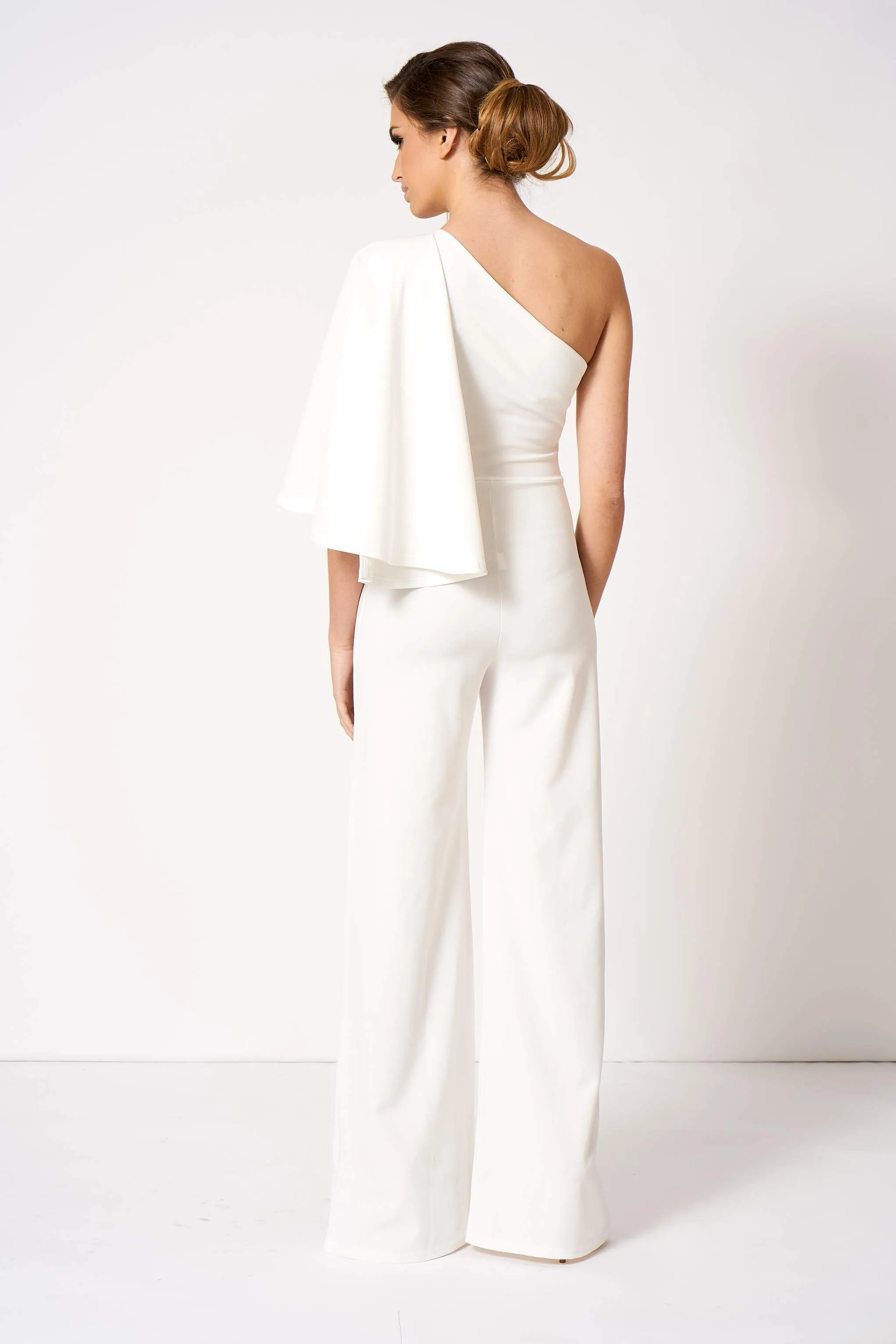 White One Shouldered Cape Sleeve Jumpsuit