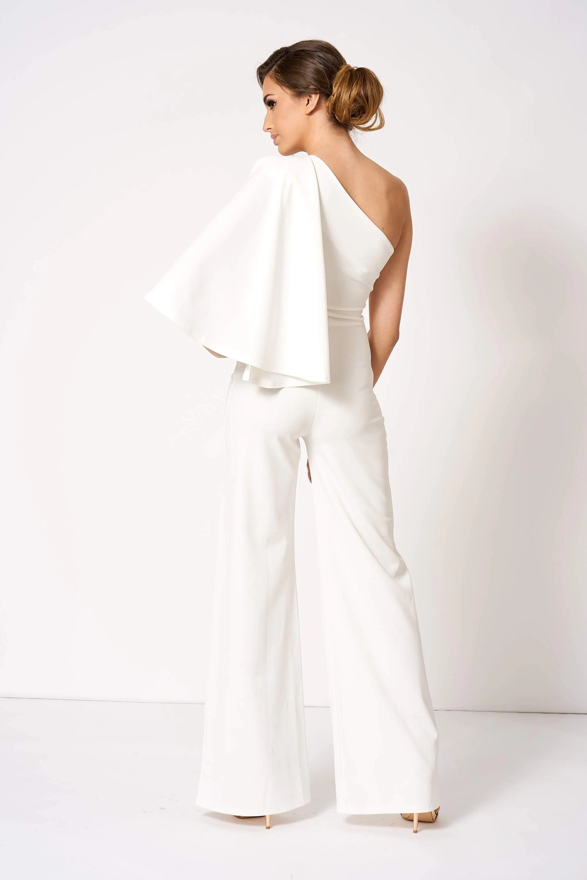 White One Shouldered Cape Sleeve Jumpsuit