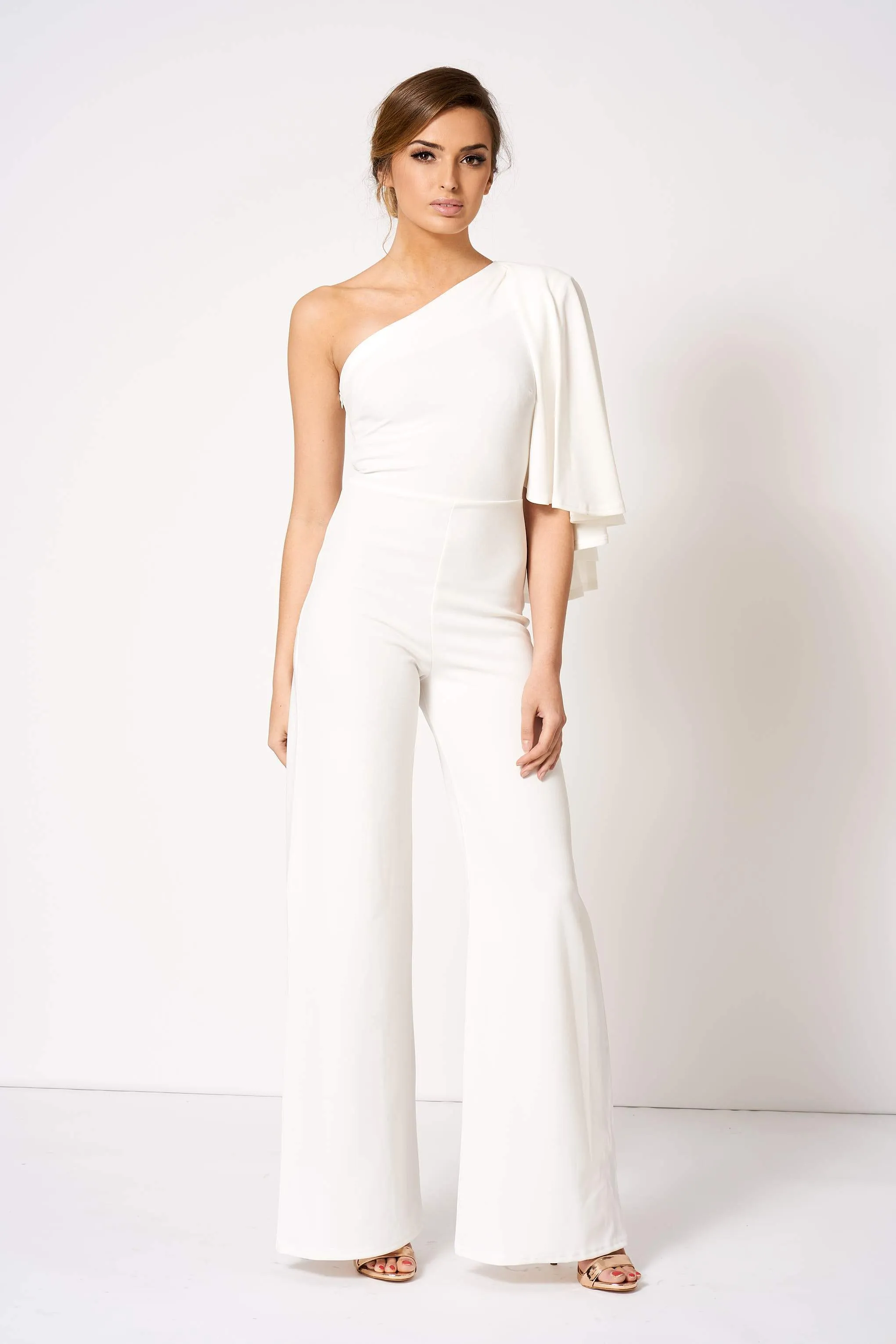 White One Shouldered Cape Sleeve Jumpsuit