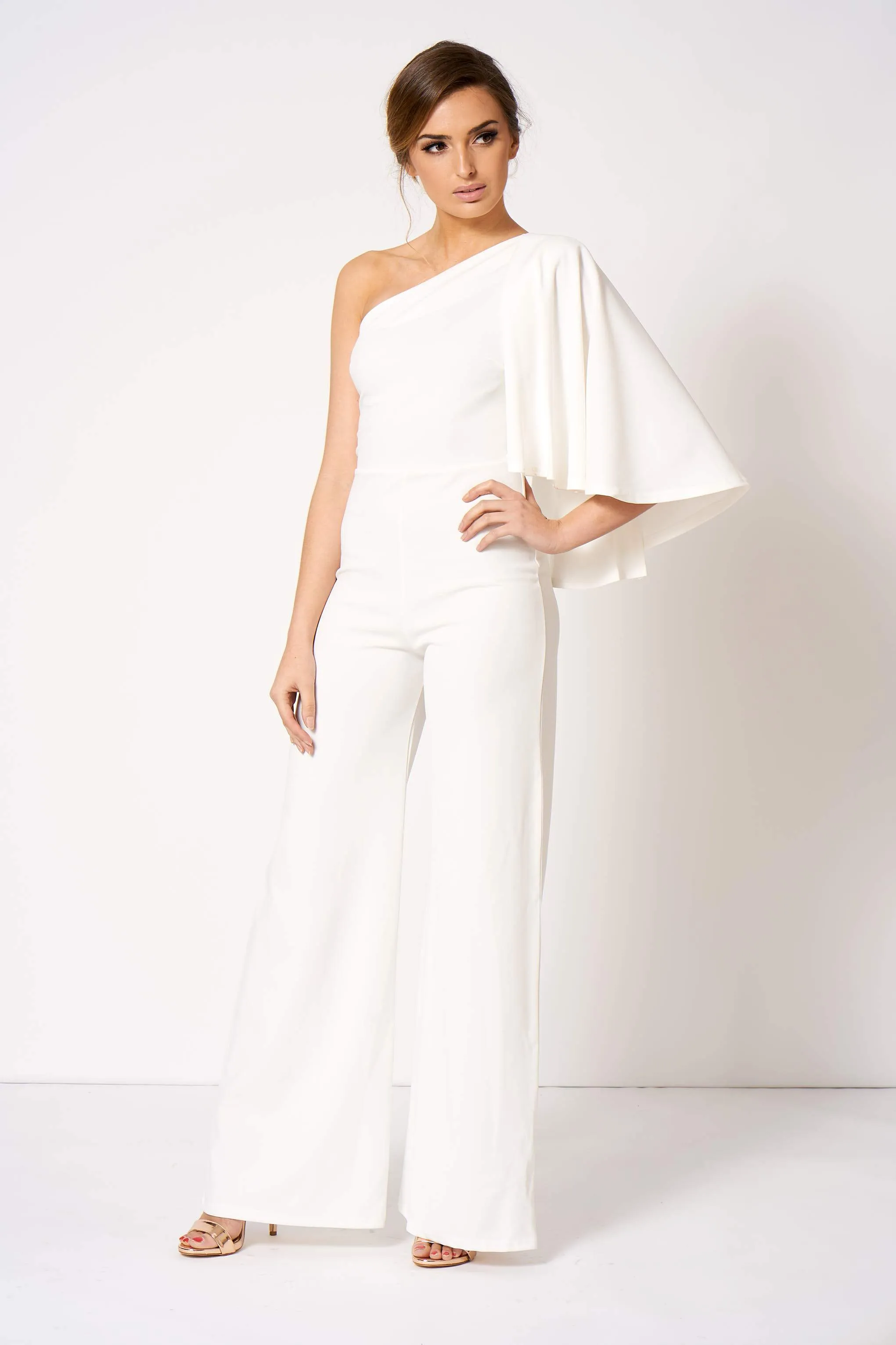 White One Shouldered Cape Sleeve Jumpsuit