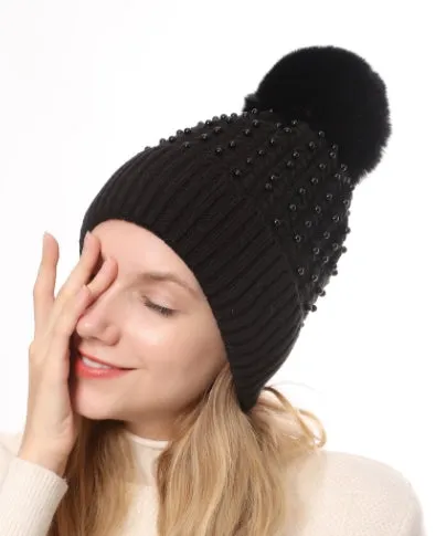 Winter Soft Knit Pom Beanie Beads Skull Slouch Hat YZP0082