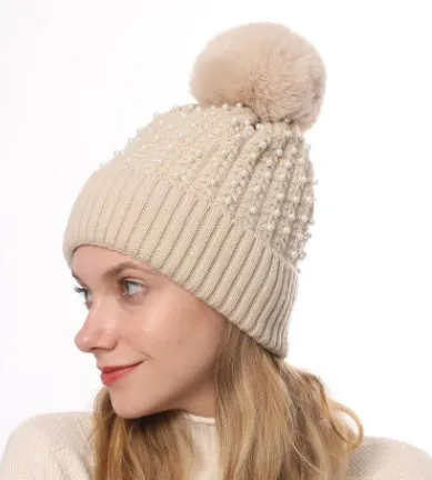 Winter Soft Knit Pom Beanie Beads Skull Slouch Hat YZP0082