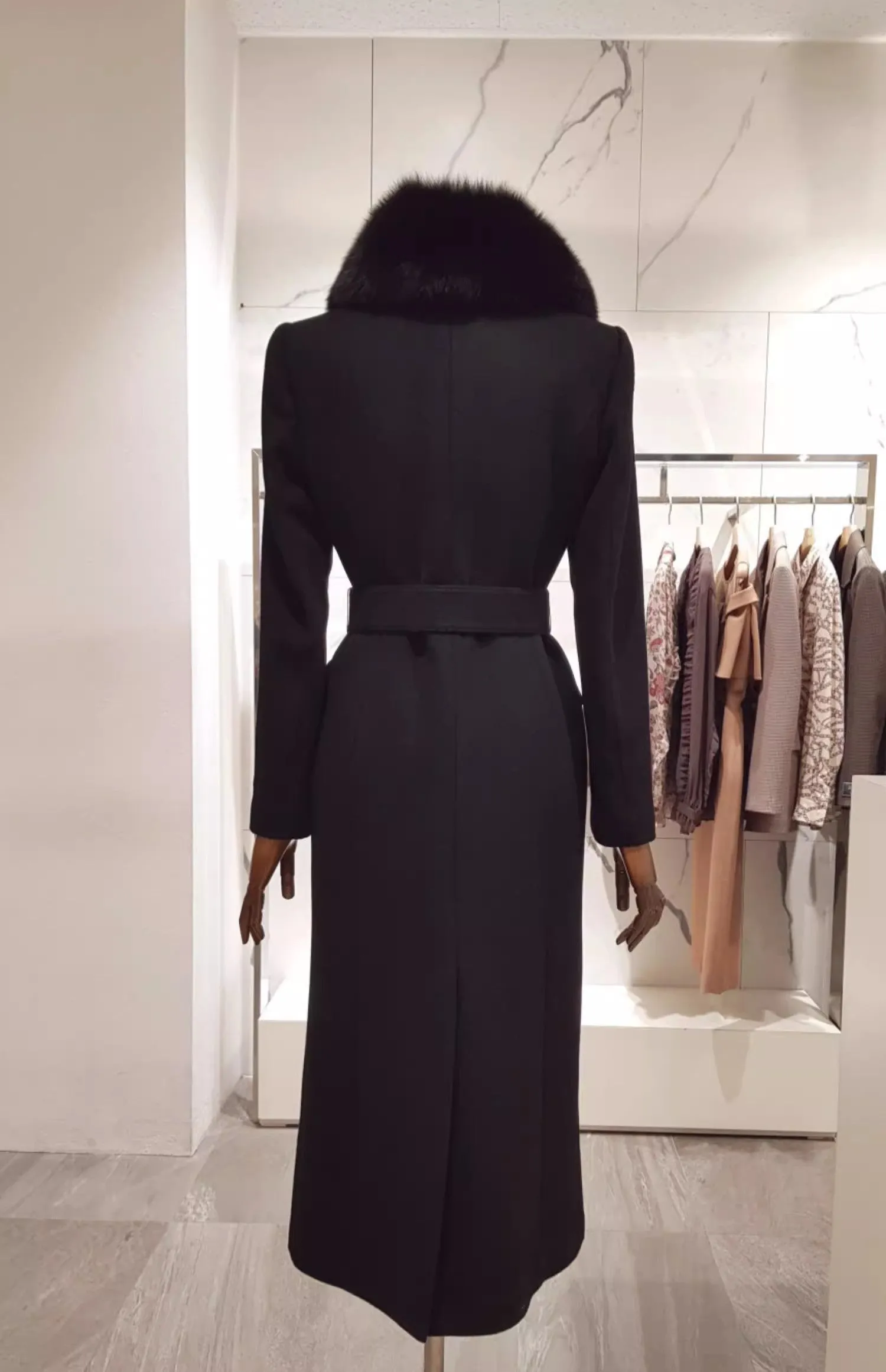 Woman's Cashmere Wool Blend Long Garment With Luxury Real Fox Fur Square Collar Slim Fitting Coat Belt