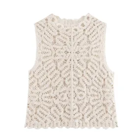 Women Hollow Out Cutout Crochet V neck Cardigan Vest