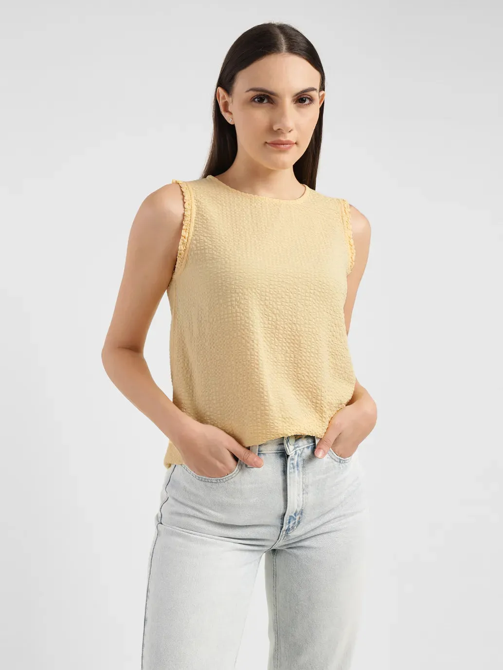 Women's Solid Yellow Round Neck Top