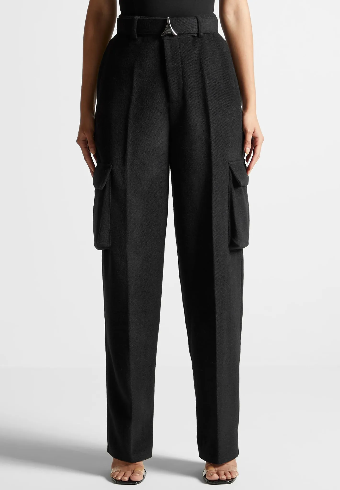 Wool Tailored Cargo Trousers - Black